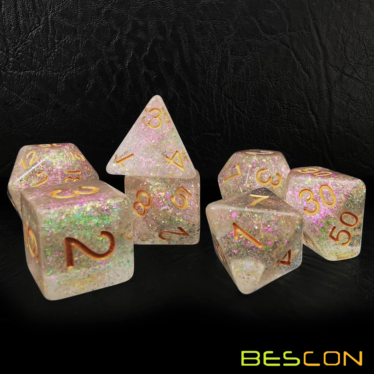 Bescon Shimmery Dice Set Bronze-Golden, RPG 7-dice Set in Brick Box