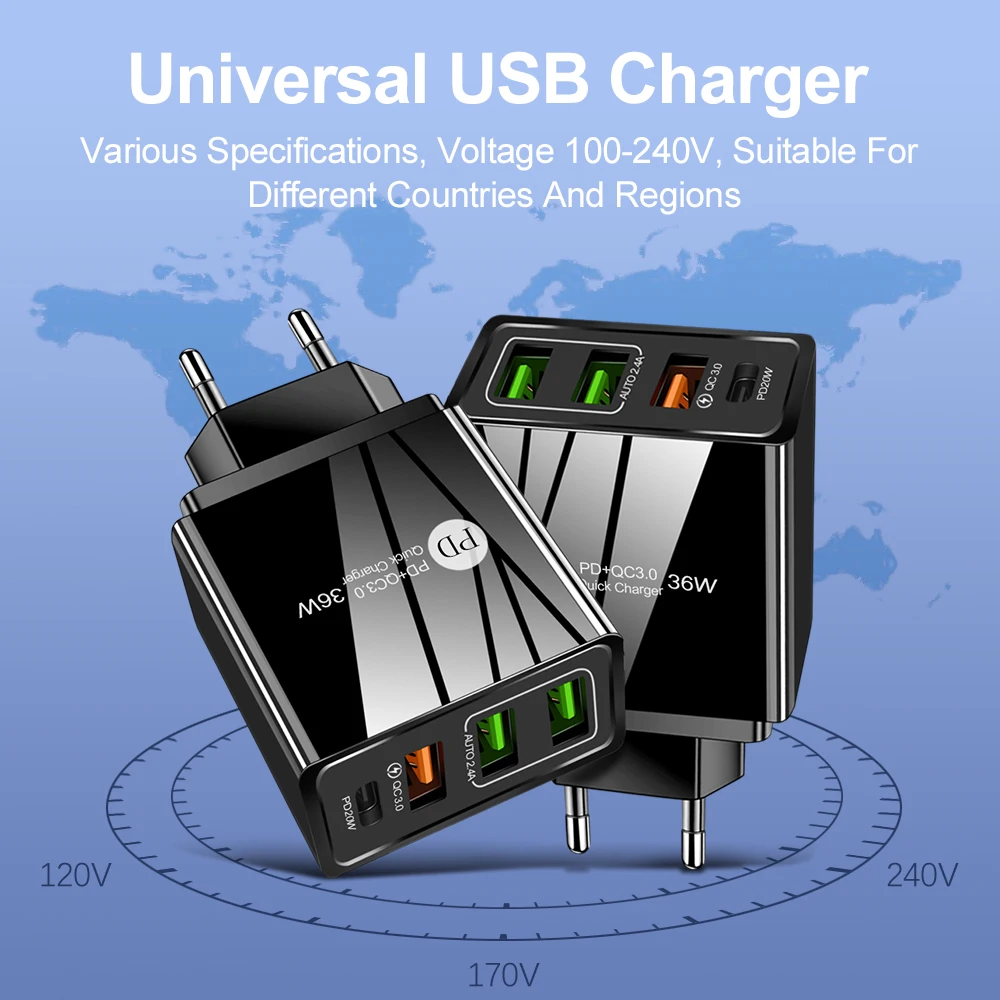 EU/US 4Ports USB PD Charger Quick Charge 5V 3.1A QC3.0 Fast Charging For iPhone Samsung Xiaomi Huawei Tablet Smart Phone Adapter baseus 65w