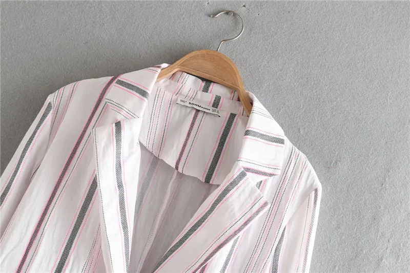 

2019 Europe And America Summer New Style cai tiao wen-Roll Sleeve No Buckle Suit Collar Coat Suit Women's 1156168