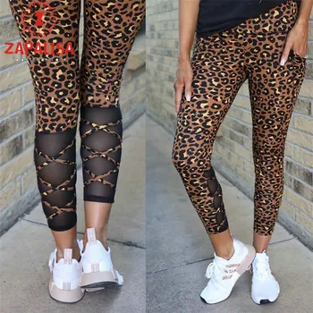 

Women Summer Leopard Print Pencil Pants Mesh Patchwork Design Cross Strap Decor See Through Elastic High Waist Slim Hip Trousers