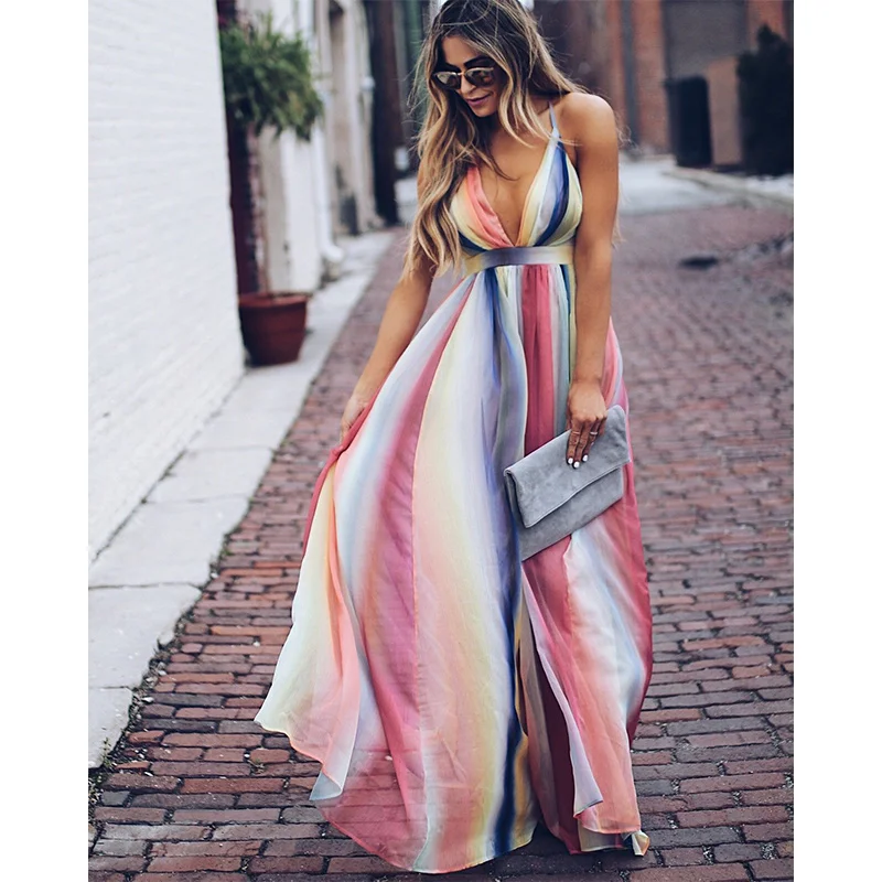 

Summer Open-back Cross Sling Bohemian Dress 2019 Women Sweet V Neck Beach Print Mini Large Long Maxi Dress Print Chiffon Dress