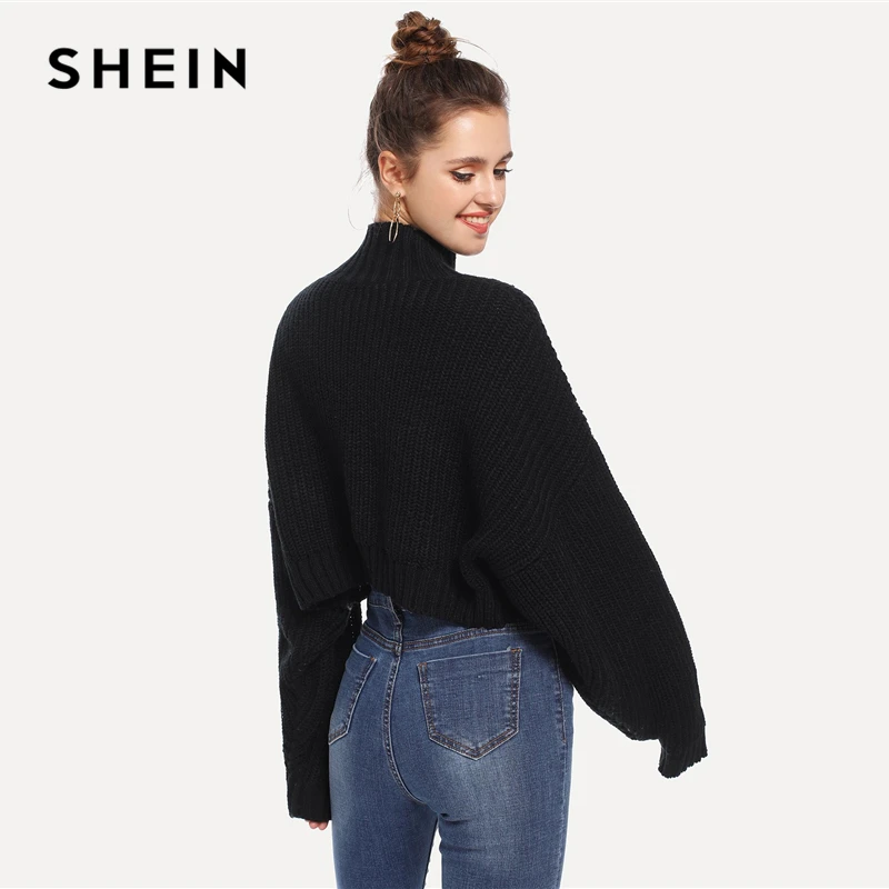 SHEIN черный однотонный короткий свитер с высоким воротом, осенний свитер для женщин, топы, зимняя уличная одежда с длинным рукавом, повседневный женксие кофты