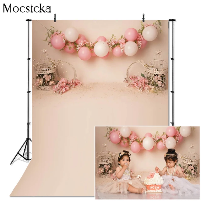 Girl Birthday Portrait Photography Backdrop Floral Cage Balloons Pink Newborn Baby Portrait Cake Smash Background Photo Studio style 1