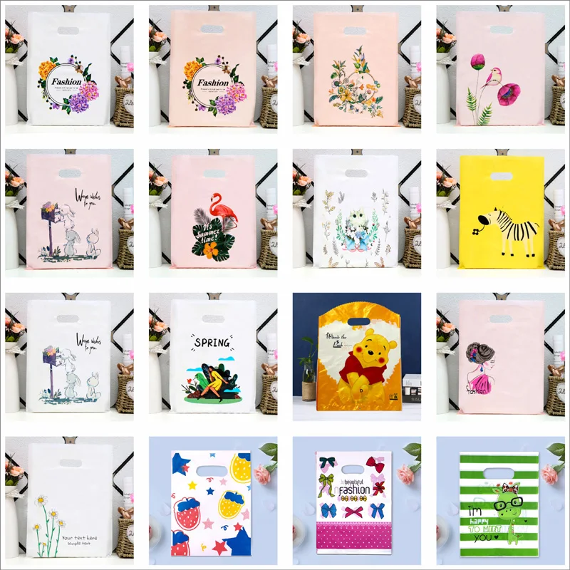 

25x3515x20cm Thick Various Patterns Plastic Handle Bags 50pcs Party Favor Jewelry Bag Candy Cookie Shopping Packaging Pouch