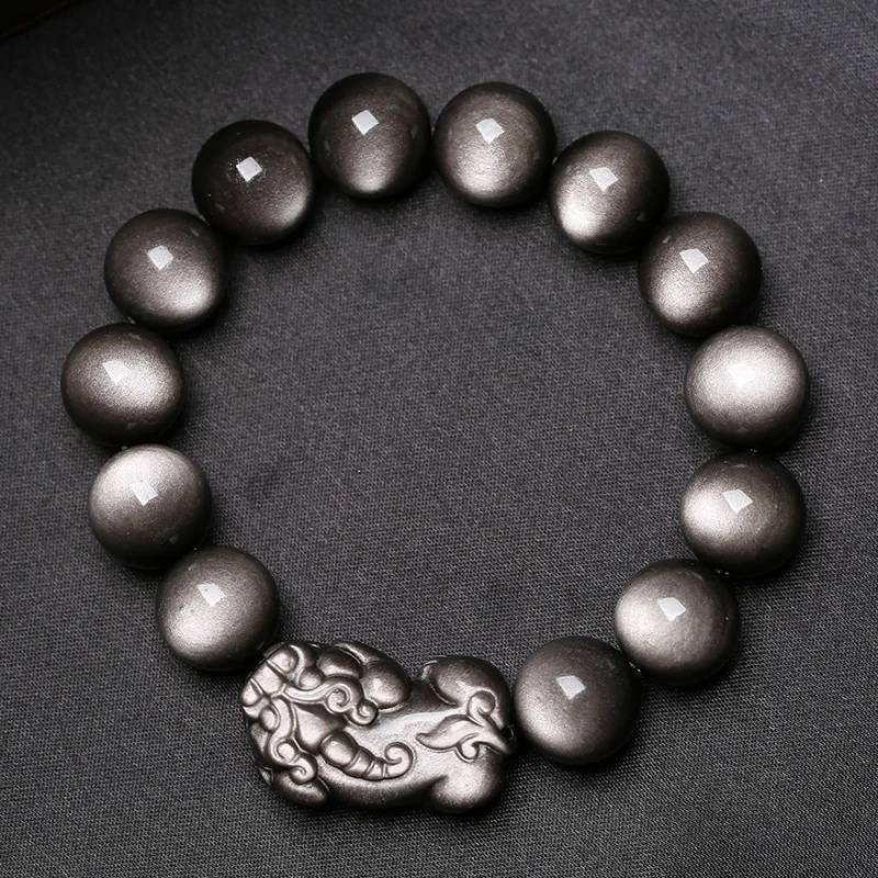 Natural Stone Bracelet Silver Pixiu Brave Troops Braided Buddhism Round Beads Energy DIY Obsidian Bangles Men Women Jewelry