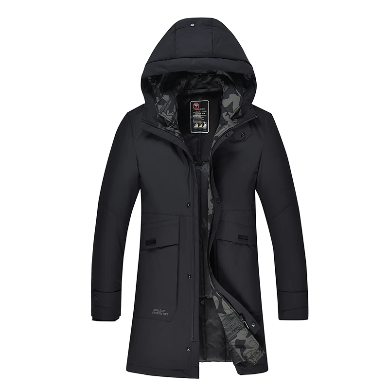 Зимний пуховик Модный повседневный черный пуховик с капюшоном средней и длинной плотностью, теплое пуховое пальто мужское длинное пальто для мужчин