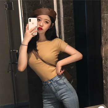 

YZY Summer New Style Retro Hong Kong Style Tops Slim Solid Color