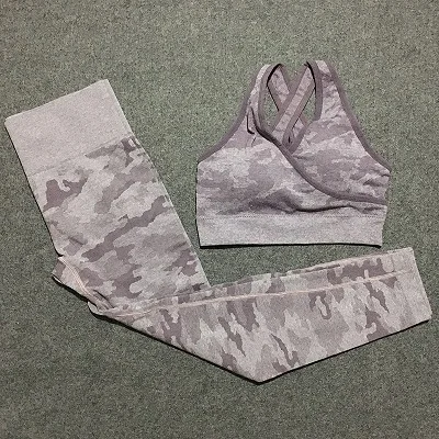 purple 2 camo set Женский Камуфляжный бесшовный для спорта комплект Камуфляжный спортивный бюстгальтер Леггинсы для йоги комплекты женская спортивная одежда спортивный комплект спортивный костюм Женская Conjunto yoga mujer - Цвет: purple 2 camo set