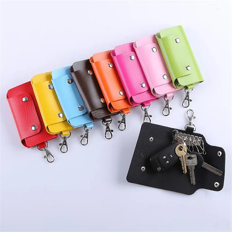 Portable Leather Housekeeper Holders Car Keychain Key Holder Bag Case Unisex Wallet Cover Simple Solid Color Storage Bag 1PC