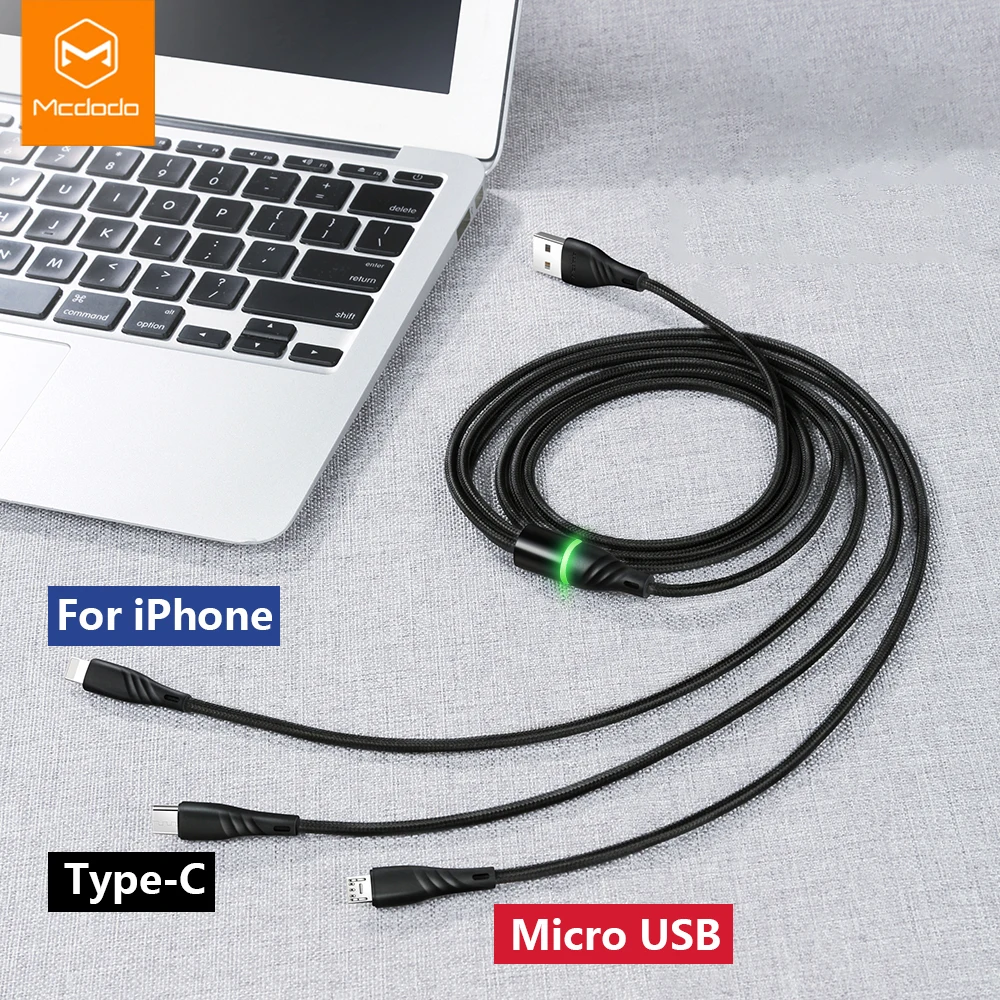 MCDODO 3в1 светодиодный USB кабель 3A Быстрая зарядка type-c микро зарядное устройство для iPhone XS MAX Xiaomi samsung S10 type C Microusb шнур для телефона