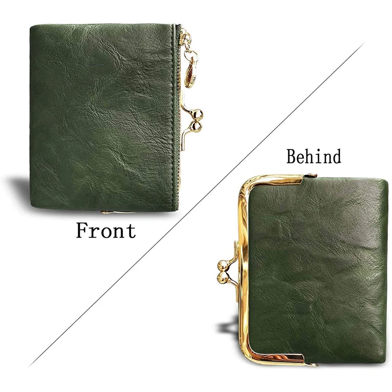 Women's Wallet Short Bifold Retro Multifunction Coin Purse with Zip and Kiss Lock Green PU Leather Female Short Purses