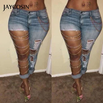 

JAYCOSIN Jeans Women Slim Denim Ripped Chain Big Hole Trousers Pencil Pants Fashion Cowboy Pantalones Mujer Vaqueros New Arrival