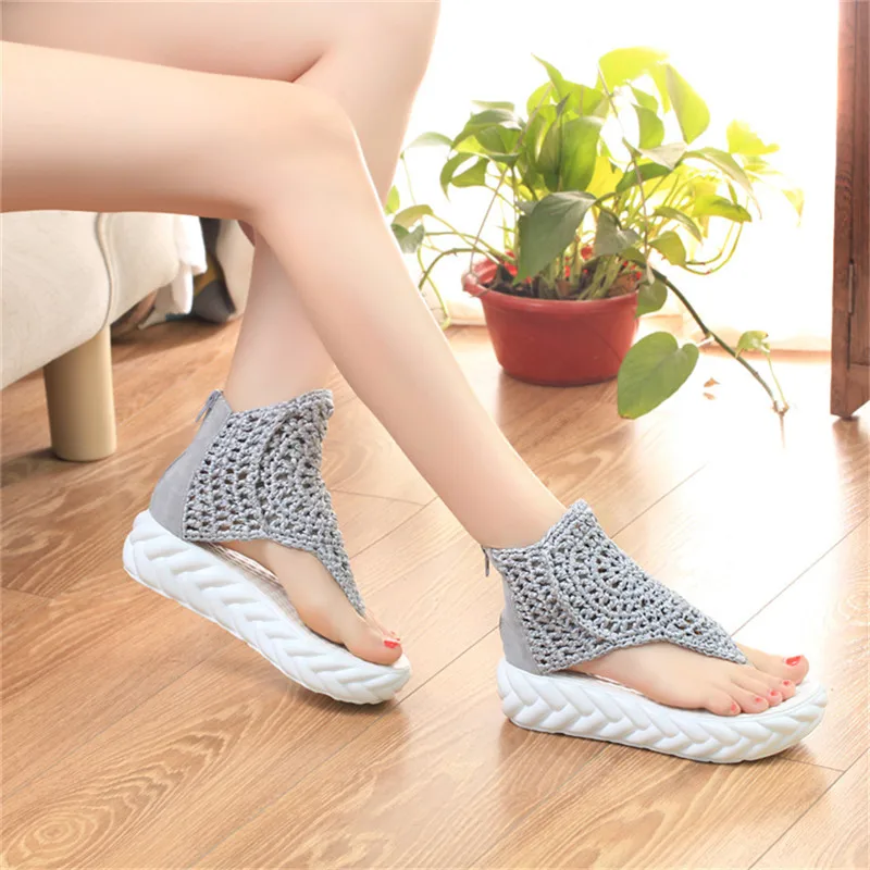 LIN KING/модные женские ботинки на толстой подошве вязаные сандалии римские обувь