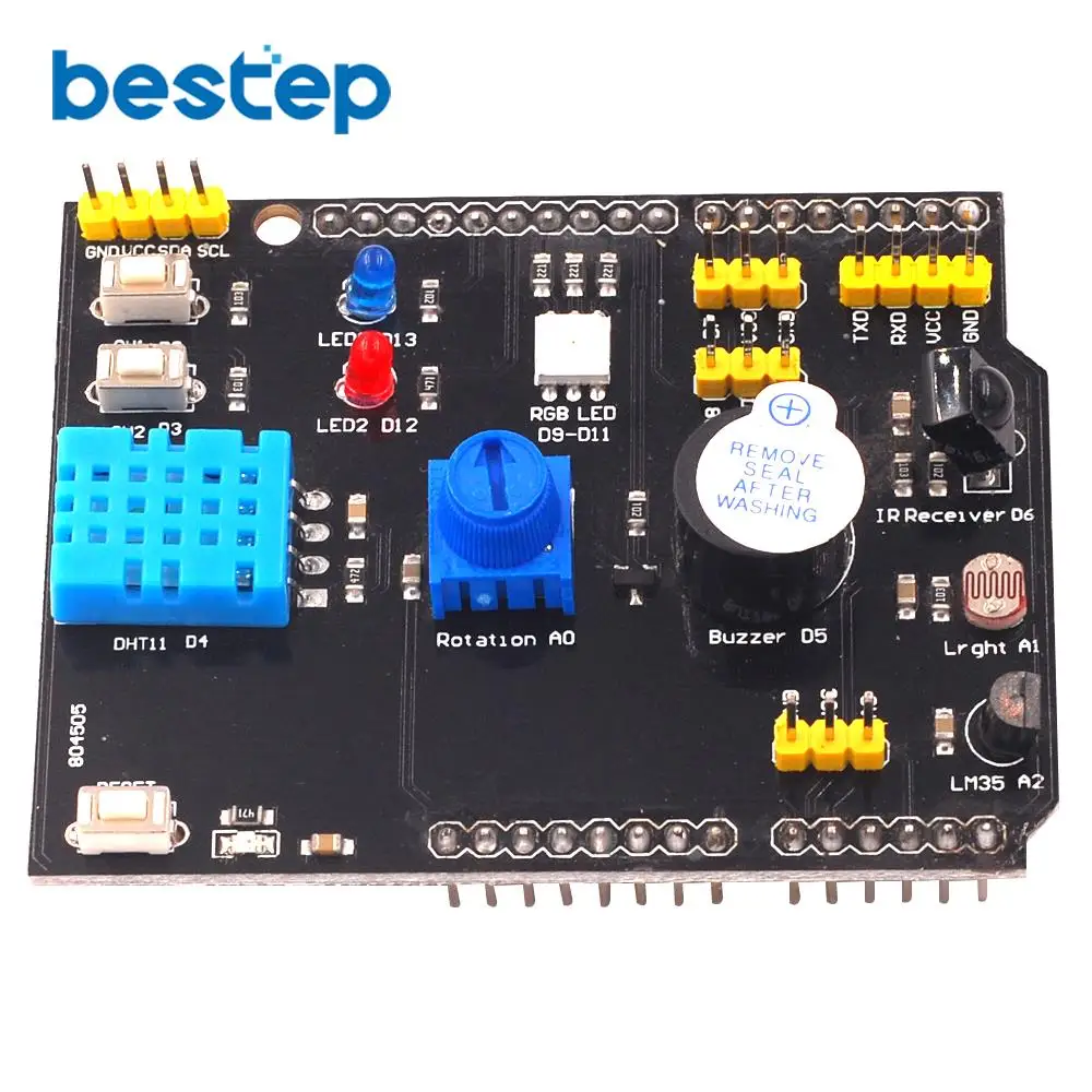 DHT11 LM35 Temperature Humidity Sensor Multifunction Expansion Board Adapter For Arduino UNO R3 RGB LED IR Receiver Buzzer I2C