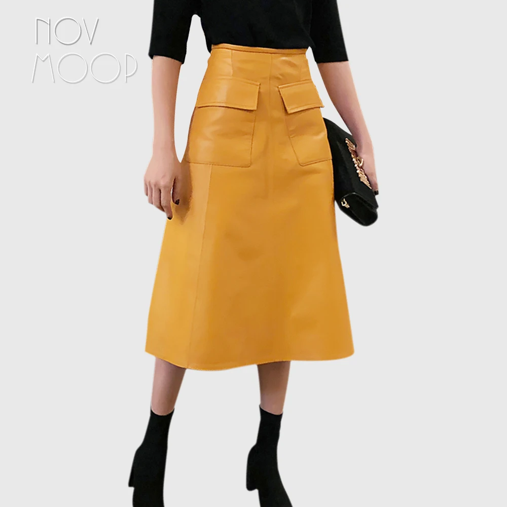 Юбка из натуральной кожи Novmoop Однотонная юбка средней длины с высокой талией и