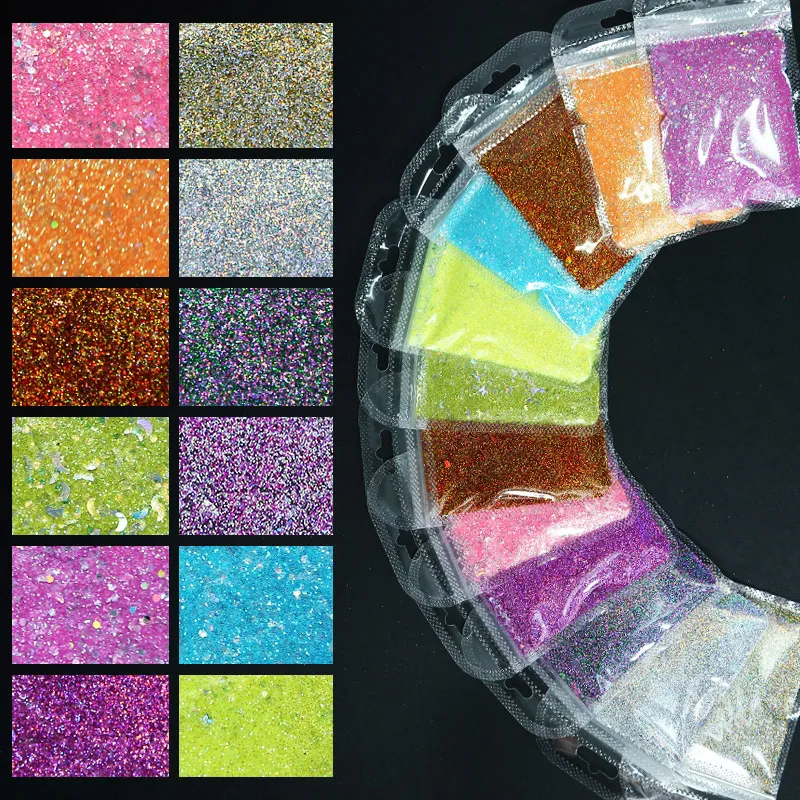 

1 Pack Holographic Nail Glitter Powder Mix Nail Sequins Colorful UV Polish Nail Glitter Dust For Nail Art Decoration Manicure 12
