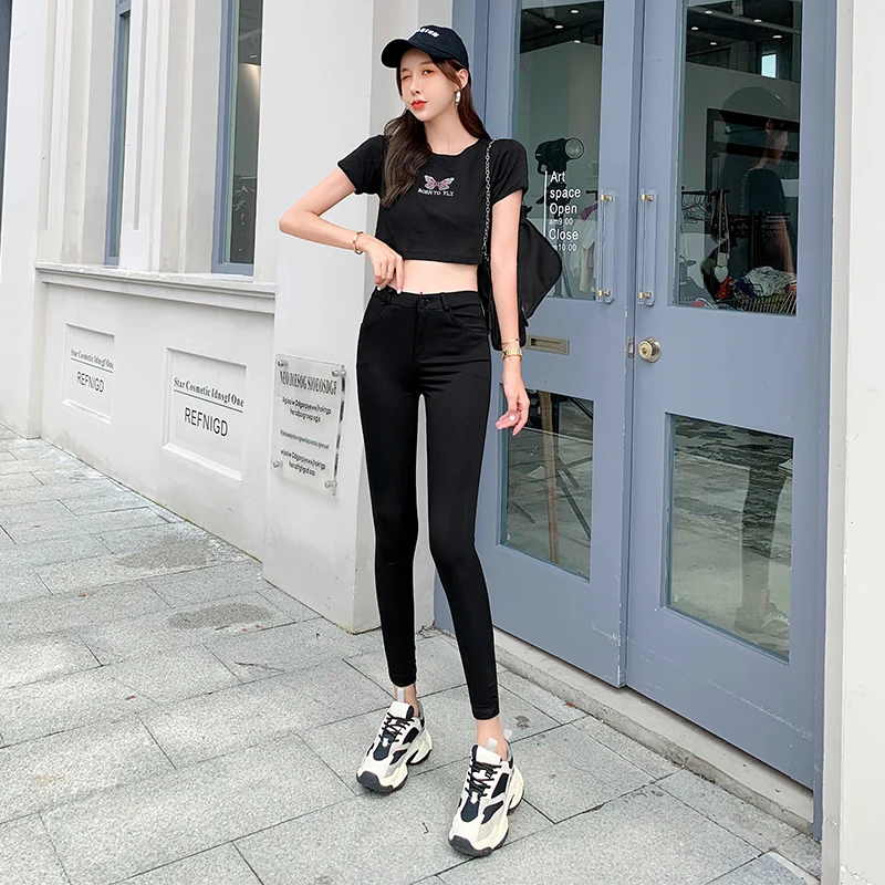 New Pants Women Fashion Slim High Waisted Stretchy Skinny Pencil Pants Solid Color Streetwear Trousers