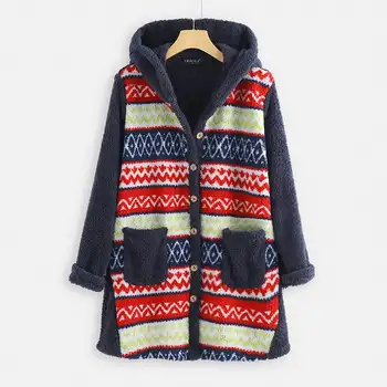 

Vintage 2020 Winter Warm Fluffy Coats Women's Jackets Christmas Button Outwear Female Hooded Fleece Patchwork Overcoat Cardigans