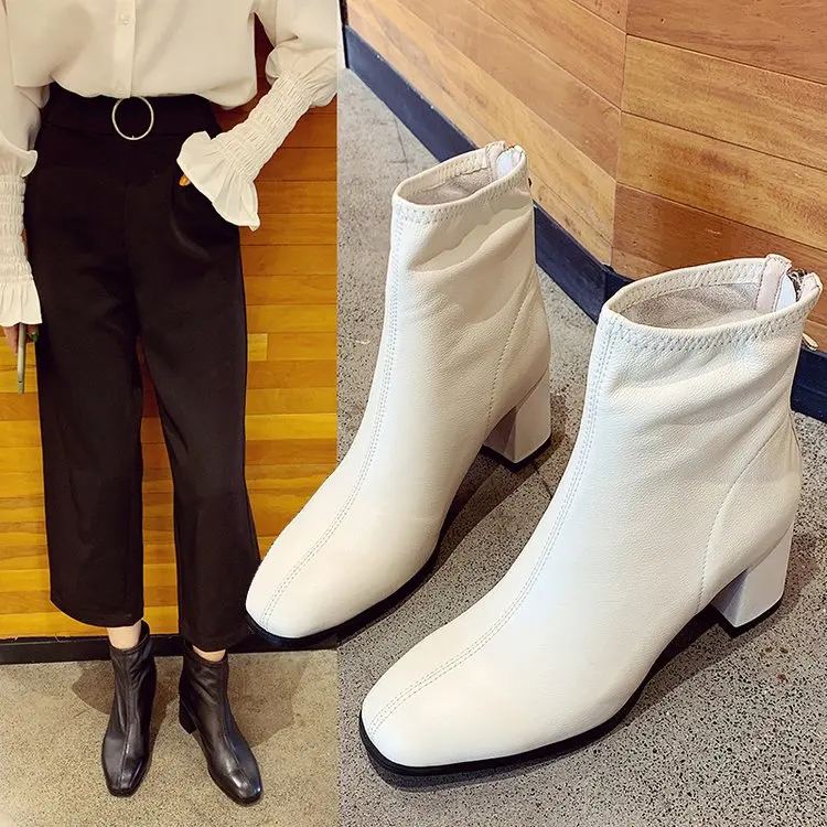

Winter Online Celebrity WOMEN'S Boots Spring And Autumn Single Boots Leather High-Heel Square Head Short Boots Women's Chunky-He