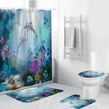 

Design Dolphin Fabric Bathroom 3D Shower Curtain Set with Non Slip Toilet Cover Rugs Mat Home Decoration