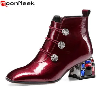 

MoonMeek 2020 hot sale genuine leather women boots classic med heels square toe zip ladies shoes black red autumn ankle boots