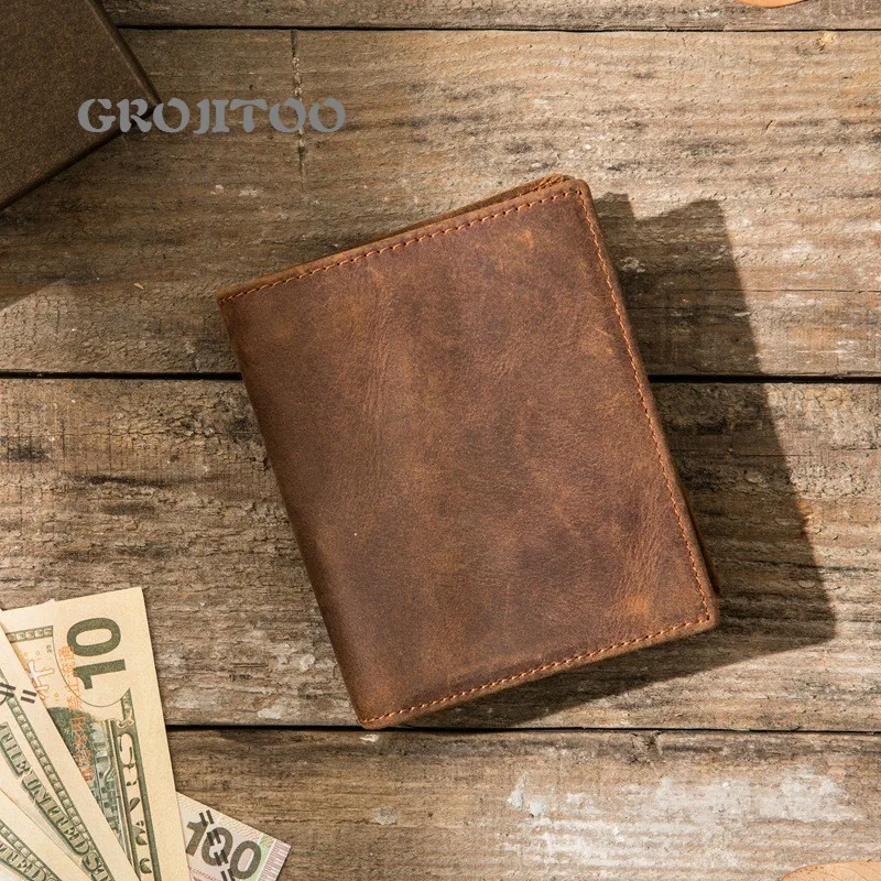 

GROJITOO Handmade mad horse leather wallet top layer cowhide style vertical men's wallet simple old leather lady's purse