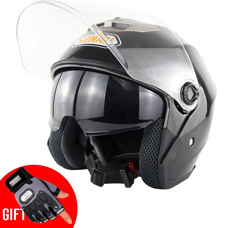 Moto rcycle 3/4 capacete шлемы двойные козырьки Защитная Защита от солнца para moto гоночные шляпы moto rbike винтажный шлем для верховой езды - Цвет: Bright black