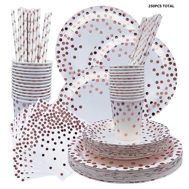 250PCS Disposable Tableware Sets Paper Napkins Cake Plate Paper Tray Cup Set Stamping Tableware For Christmas Party Supplies - Цвет: B