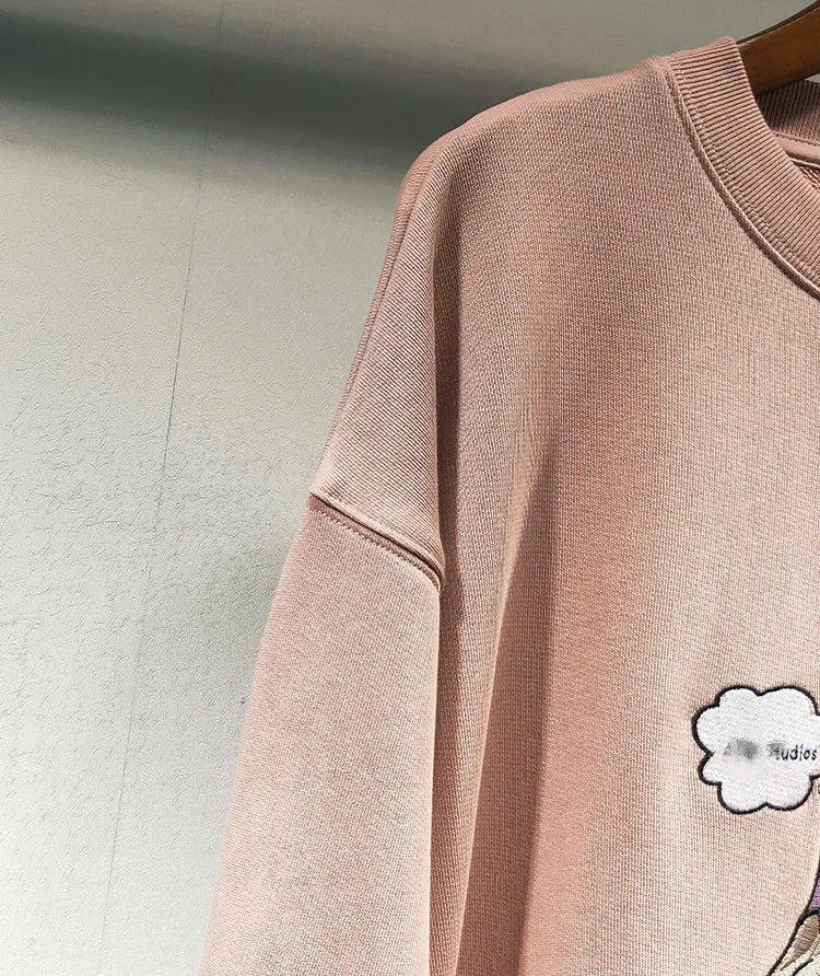 Women Hoodie Autumn Winter New Personality Small Animal Embroidery Pattern Men and Women Solid Loose Round Neck Sweatshirt