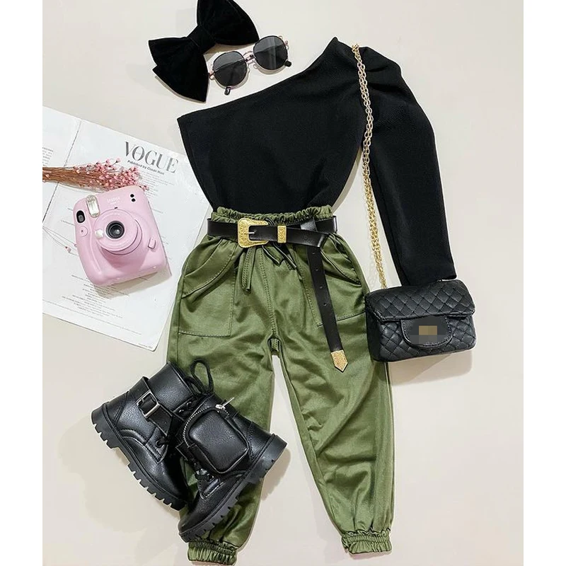 Kids Girls Fashion Clothes Sets One Shoulder Long Sleeve T-shirt + Pocket Loose Pants Summer Autumn Children Outfits kids clothing set girls clothing set