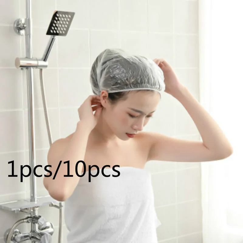 

1/10Pcs Disposable Shower Cap Plastic Waterproof Transparent Color Shower Hat Hotel For Travel Home One Time Bathroom Products@3