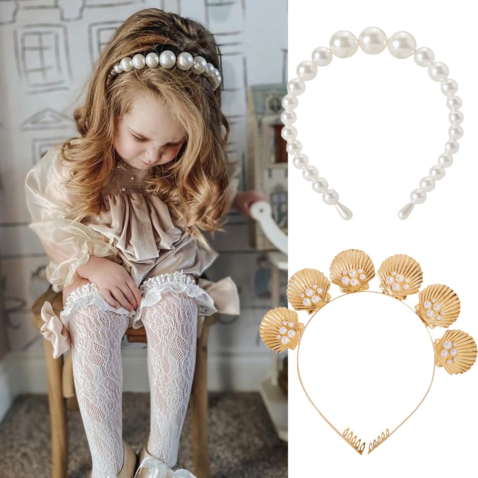 Kids Girls Pearl Shell Party Baby Shower Princess Hair Hoop Pearls Head Band Headwear Headdress Clips Accessories | Детская одежда и