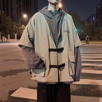 

Men's Fashion Trend Streetwear Bomber Jacket Hat Loose Coats Letter Printing Windbreaker Black/green Outerwear Plus Size M-2XL