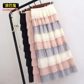 

CR Woman Elasticated High Waist Color Multi-layer Mid-length Slim Pleated Skirt Summer Autumn Party Date Chiffon Cake Skirt
