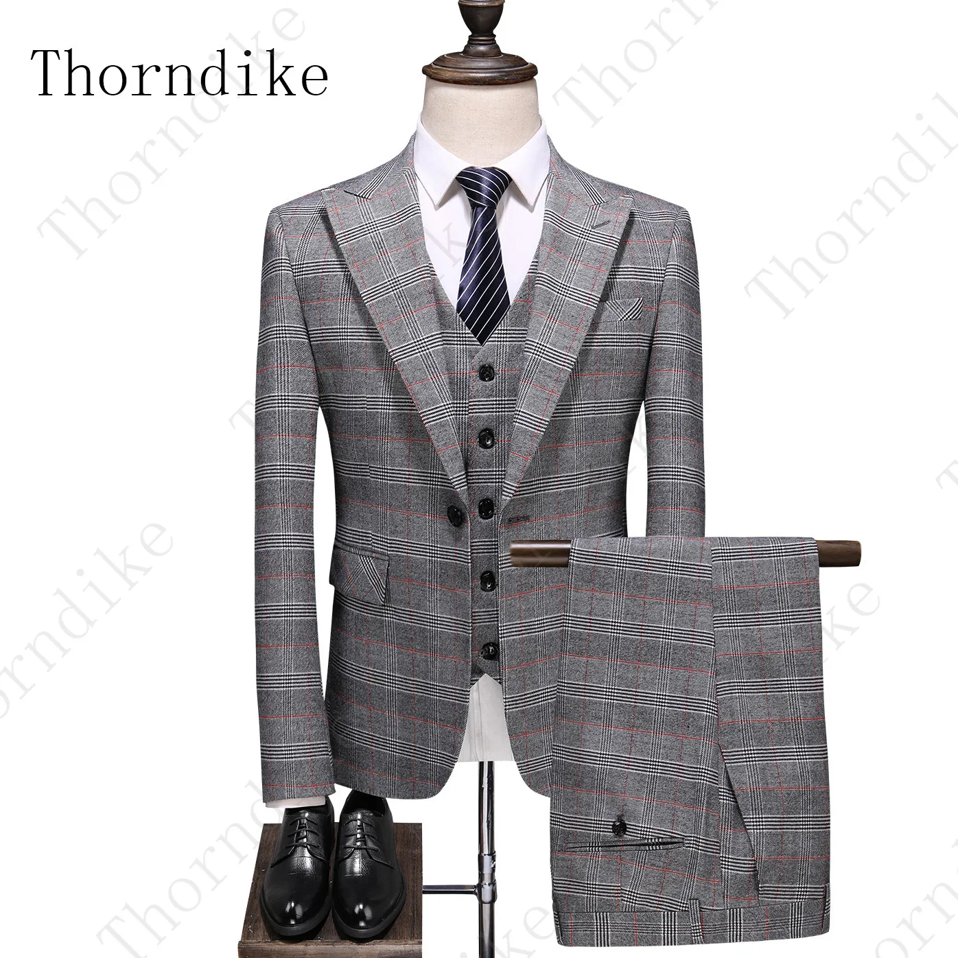 Thorndike клетчатый мужской костюм с длинным рукавом пиджак+ брюки+ жилет светильник серый хаки синий Модный деловой свадебный банкет мужской костюм