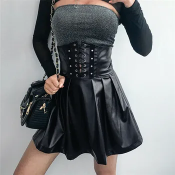 

Ladies' Bandage Skirts New Fashion High waisted Loose Casual Underskirts Female Black PU Leather Pleated Skirt Women Costume Hot