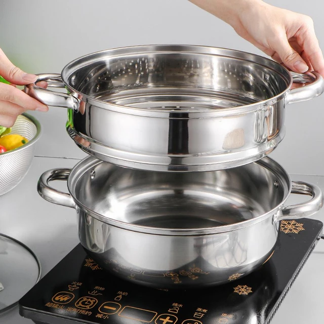 2 Piece Steamer Pot Stainless Steel Food Steam Cooking Vegetable Steaming  Basket Kitchen Cookware, Steamer Saucepot Double Boiler 