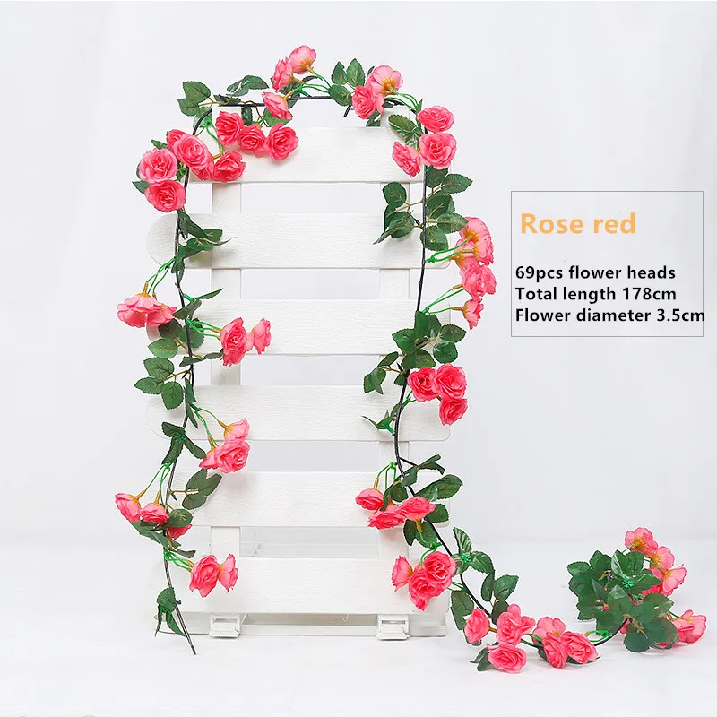 1pc Simulation Silk Rose Flower Vine Wedding Party Home Decoration Fake DIY Hanging Garland Artificial Flowers 178cm - Цвет: rose red