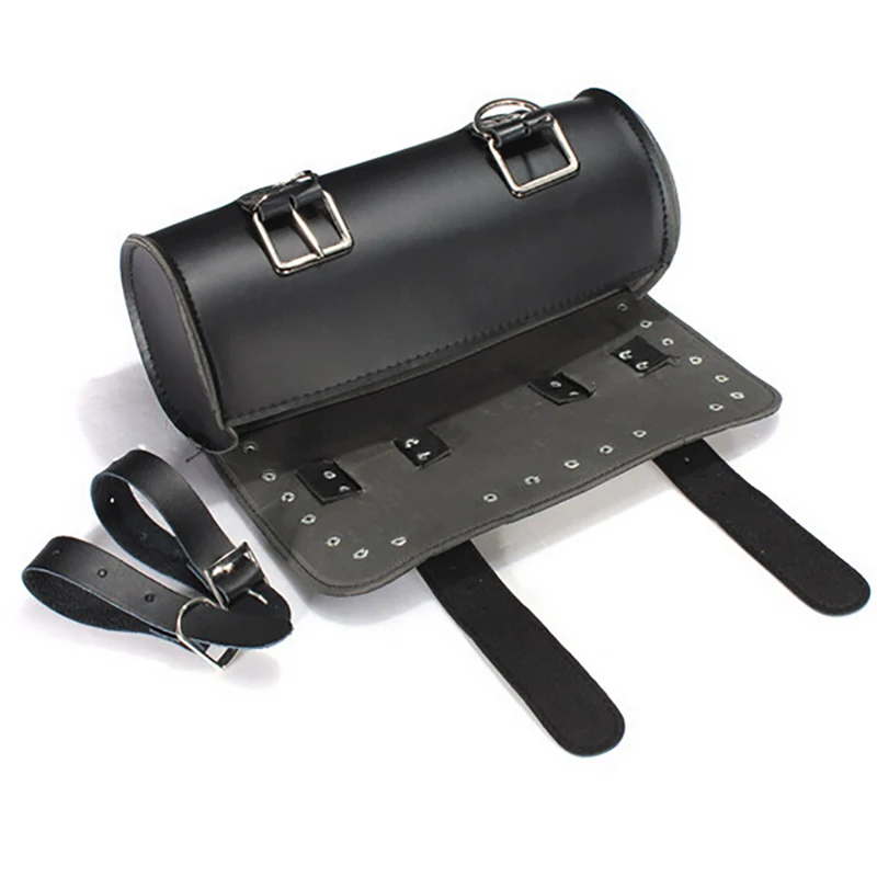 Black Motorcycle Saddle Bags Leather Motorbike Side Tool Tail Luggage Moto Scooter Round Pouch Bag for Universal