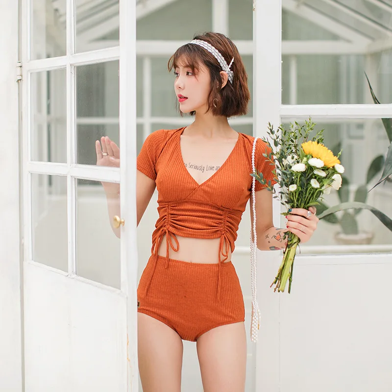 

Retro Swimsuit Women's Split Type Boxer Short Sleeve High-waisted Conservative Slimming South Korea Hot Springs 2019 New Style S