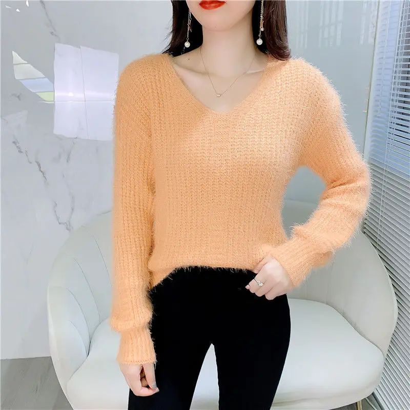 

Spring And Autumn New Women's V Neck Long Sleeve Pullover Sweater Lady Sweater Korean Thin Loose Solid Color Bottom Coat