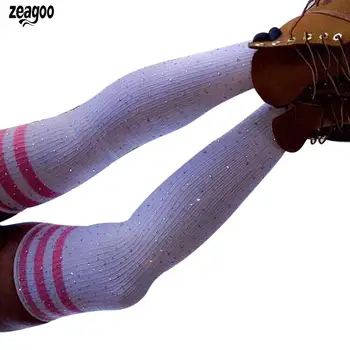 

New Fashion Women Girls Casual Striped 70cm Artificial Diamond Pair of Socks(2pcs) Gem Over Knee Socks