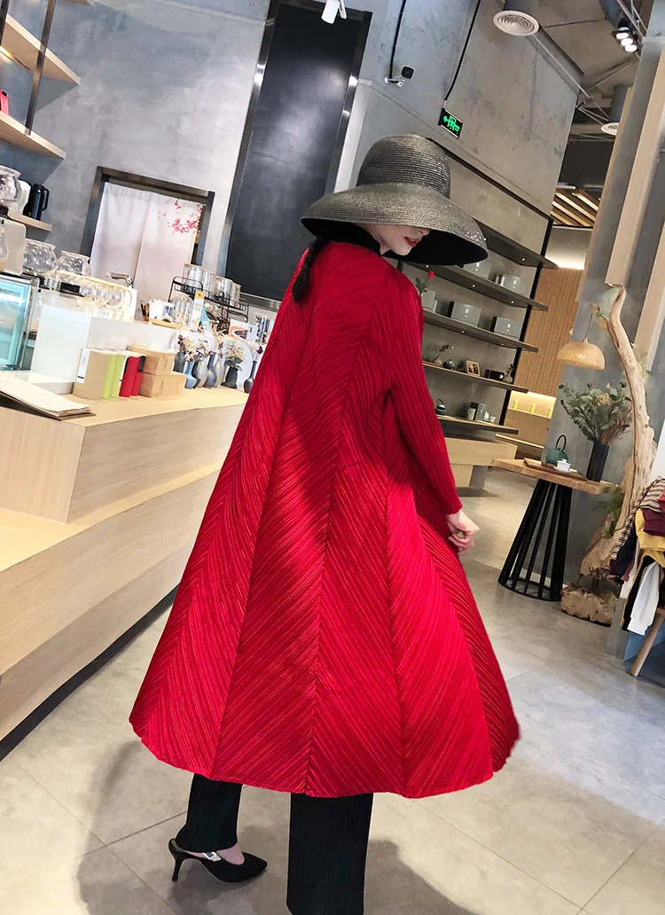 Горячая Miyake модная однотонная ветровка с круглым вырезом и длинными рукавами на одной пуговице