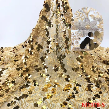 

2019 Beatiful Gold Sequin Fabric African Couture Materials with Sequins French Mesh Lace for Party Dress AMYNI1978
