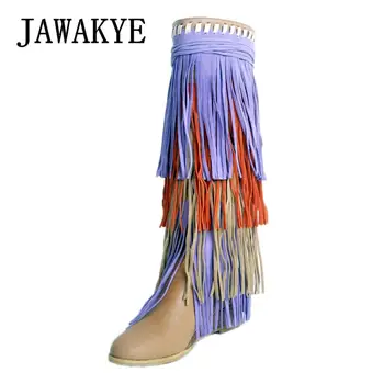 

Suede Leather Tassel Boots Round Toe Wedge heel Bohemian Knight Boots Knee High Shoes Women Tribal Shoes Women Plus Size Boots