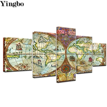 

World Map Artwork Vintage Posters Full Square Round Drill Mosaic Diamond Painting Cross Stitch DIY 5D Embroidery Set 5 pcs decor