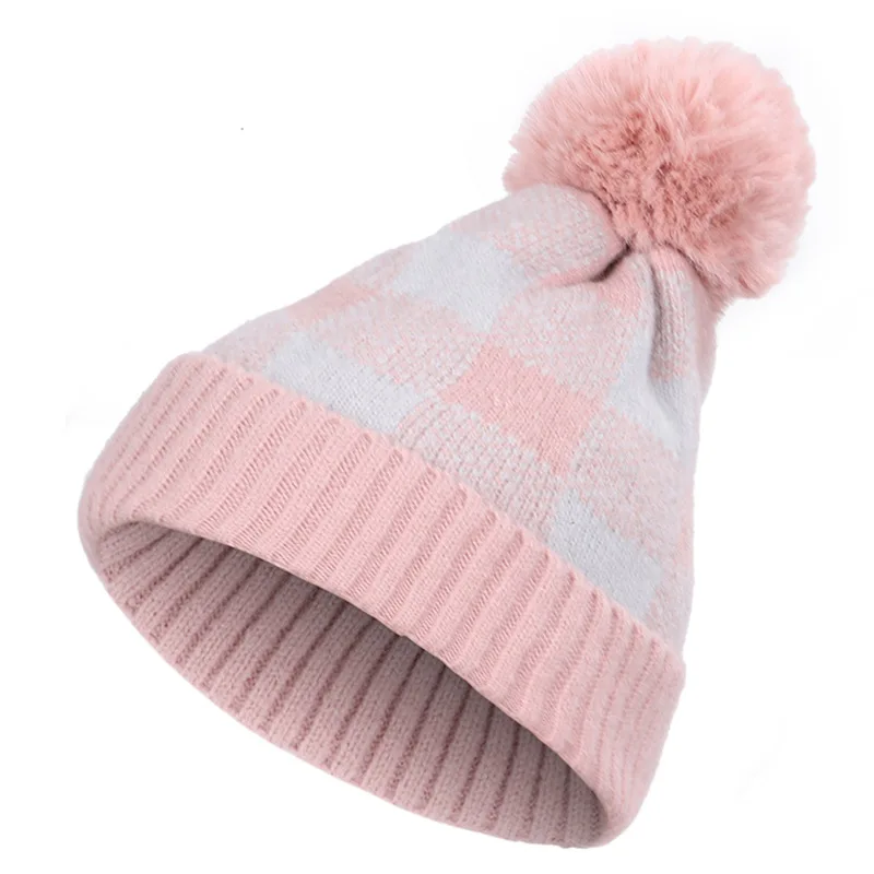 Pink and Gray Модная клетчатая Зимняя Вязаная Шапка-бини с помпоном, Женская шерстяная Повседневная Кепка, мягкая теплая Женская кепка skullies из хлопка - Цвет: Pink and Gray