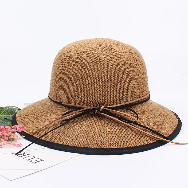 Light Coffee Color Женская летняя шляпа в Корейском стиле, с художественным бантом, в рыбацком стиле, складная, в студенческом стиле, для женщин, защита от солнца, соломенная, регулируемая - Цвет: Light Coffee Color