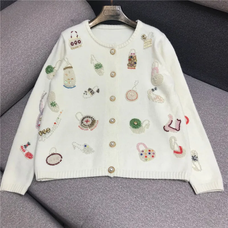 

Luxury Designer Brand Knitted Sweater for Women Vintage O Neck Beading Pearl Sequins Handwork Loose Knitted Cardigans Sweater