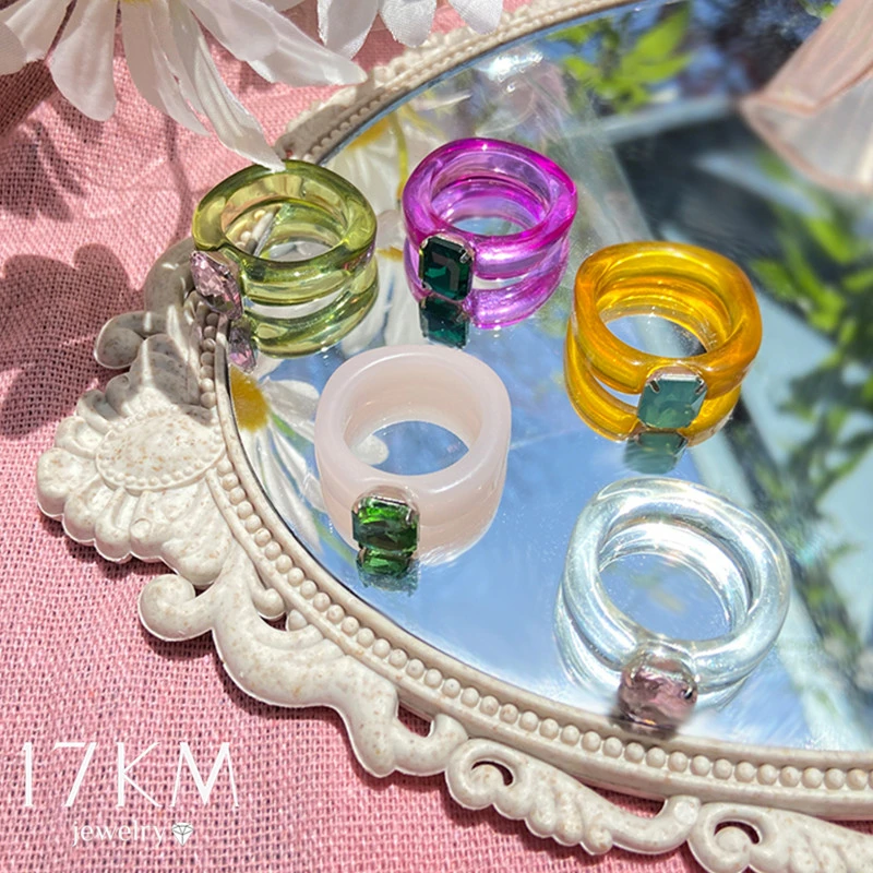 17KM lato kolorowe przezroczyste żywica akrylowa pierścienie dla kobiet  koreański geometryczny kwadratowy pierścionek z kryształem biżuteria  prezenty podróżne|Pierścionki| - AliExpress